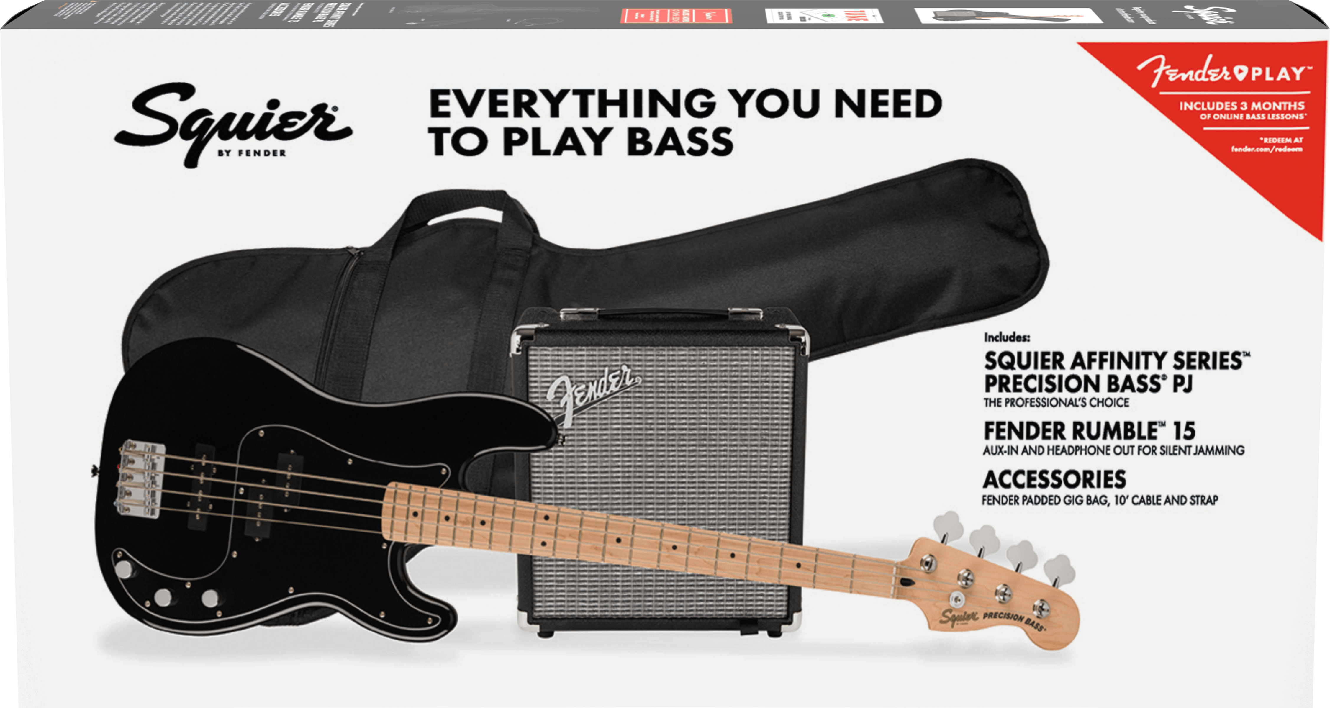 Squier Affinity Series™ Precision Bass® PJ Pack, Maple Fingerboard, Black, Gig Bag, Rumble 15 - 230V UK
