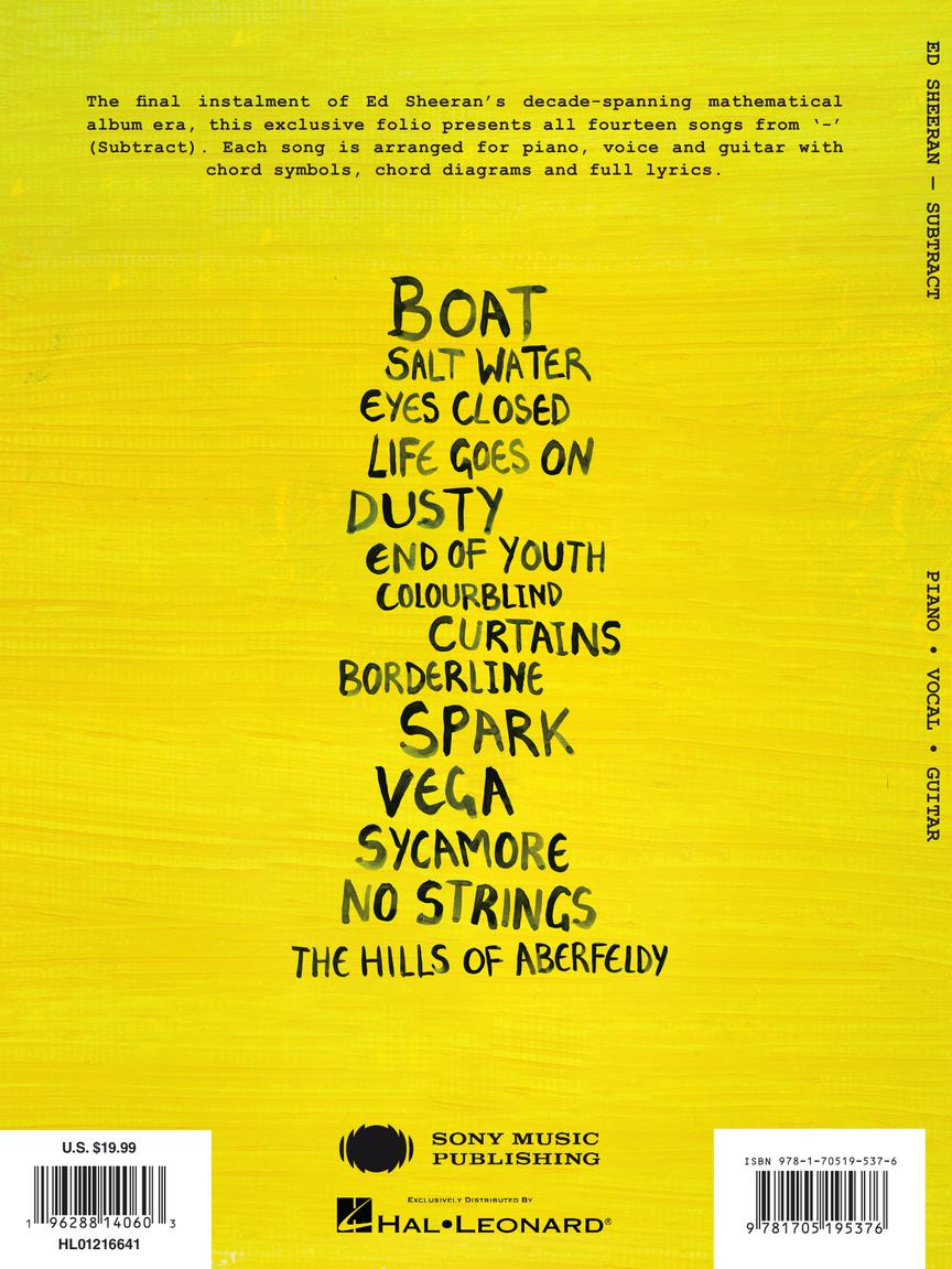 Ed Sheeran – Subtract (Piano/Vocal/Guitar) 鋼琴/歌唱/結他譜