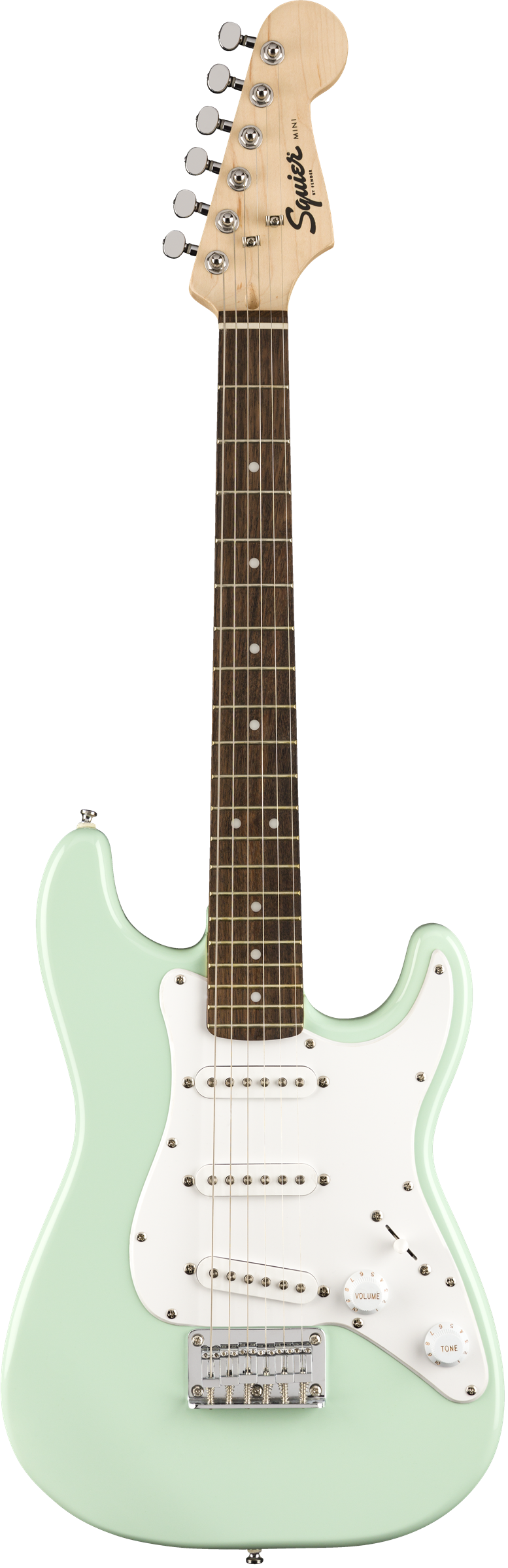 Squier FSR Mini Stratocaster®, Laurel Fingerboard, White Pickguard, Surf Green