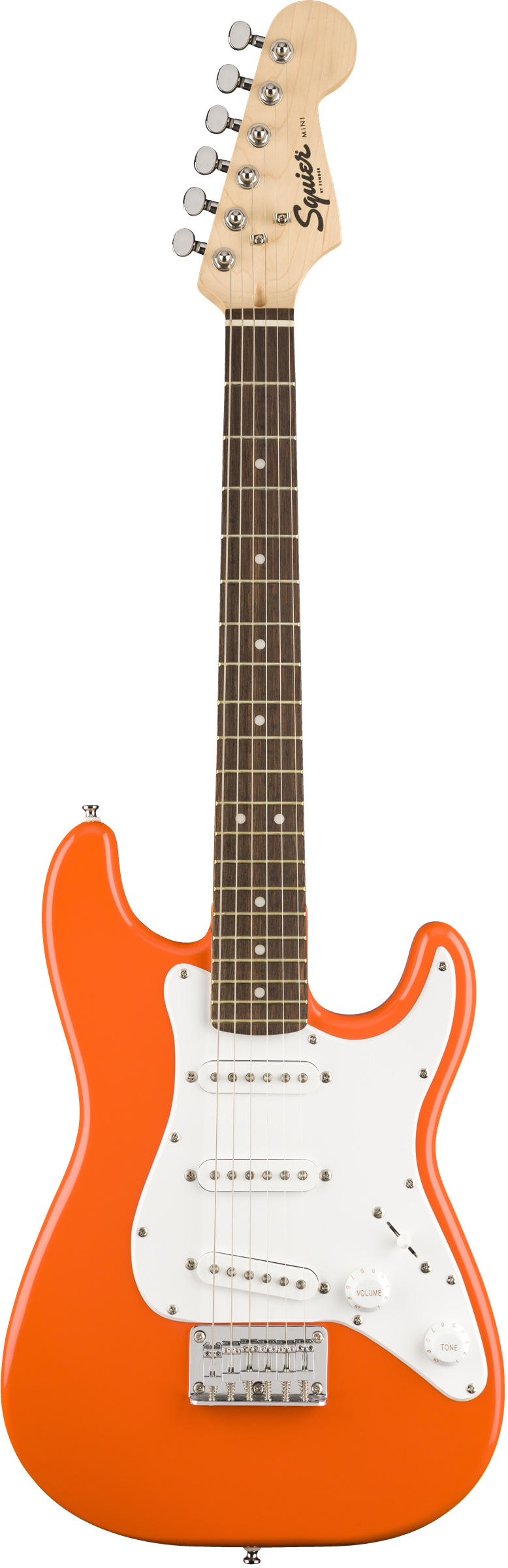 Squier FSR Mini Stratocaster®, Laurel Fingerboard, White Pickguard, Competition Orange