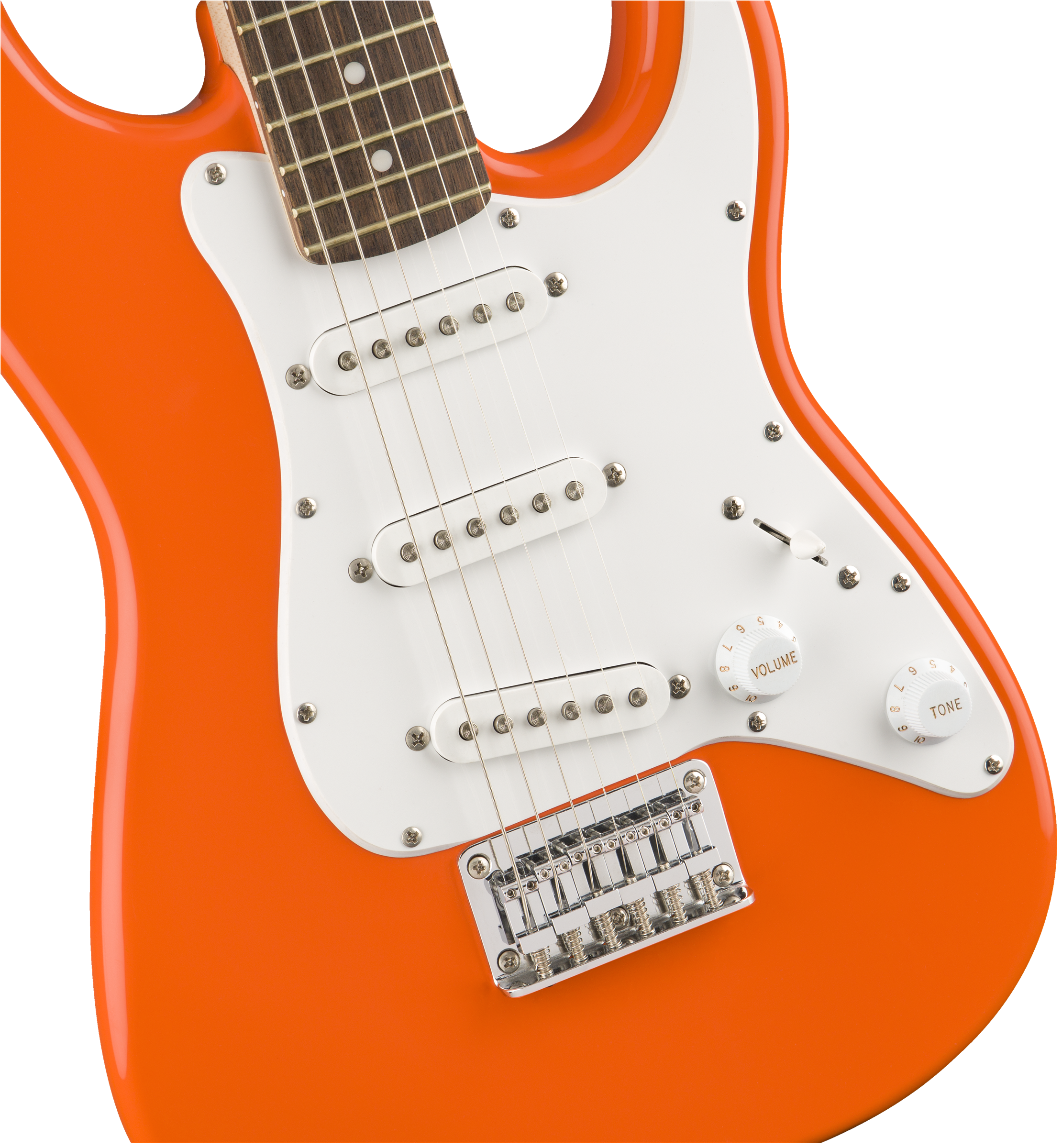 Squier FSR Mini Stratocaster®, Laurel Fingerboard, White Pickguard, Competition Orange