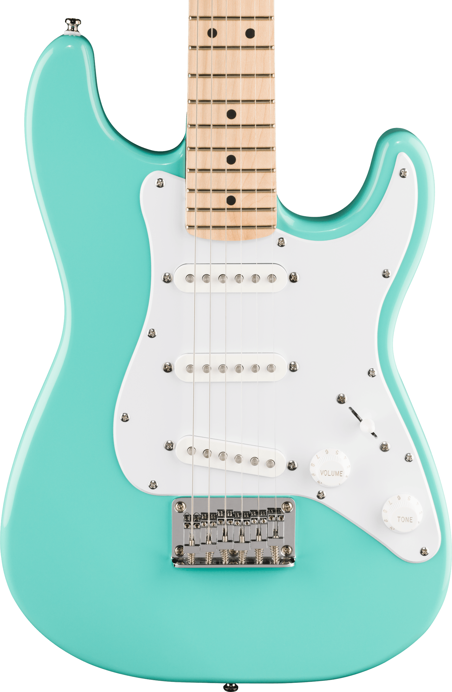 Squier Mini Stratocaster®, Maple Fingerboard, White Pickguard, Sea Foam Green