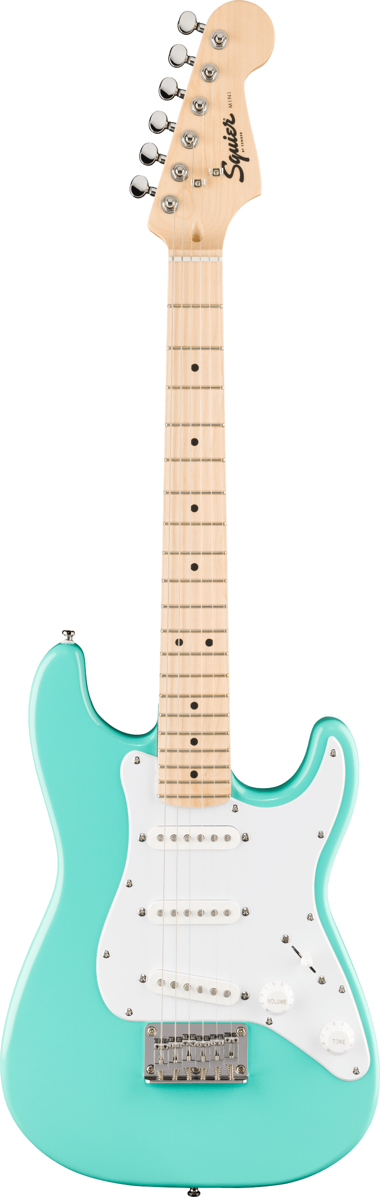 Squier Mini Stratocaster®, Maple Fingerboard, White Pickguard, Sea Foam Green