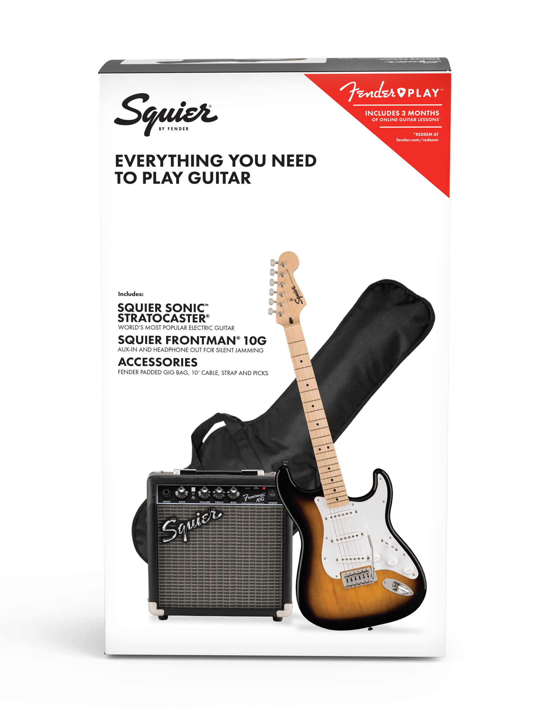 Squier Sonic™ Stratocaster® Pack, Maple Fingerboard, 2-Color Sunburst, Gig Bag, 10G - 230V UK