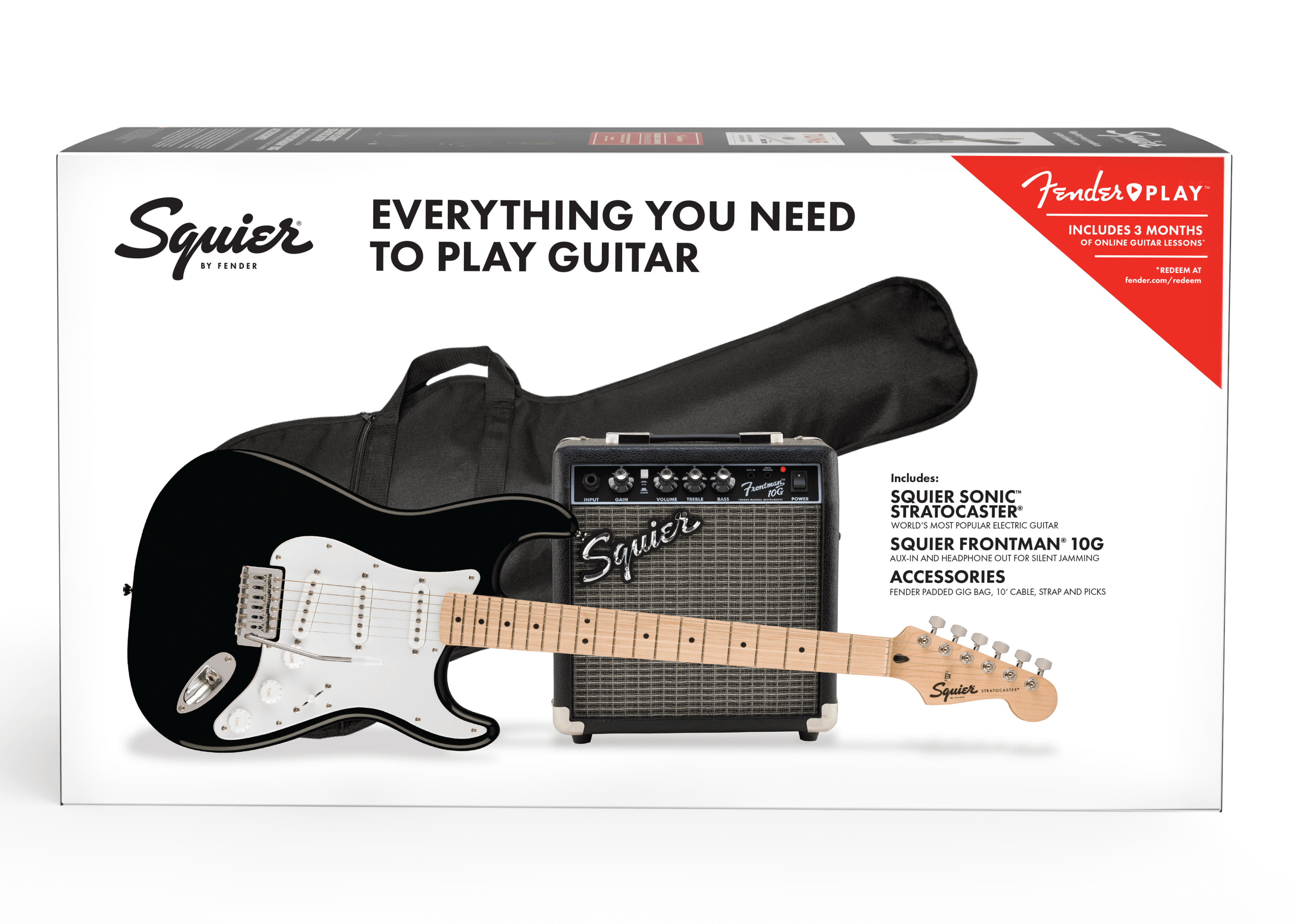 Squier Sonic™ Stratocaster® Pack, Maple Fingerboard, Black, Gig Bag, 10G - 230V UK