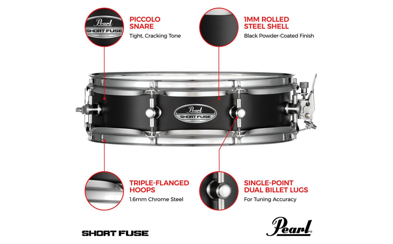 PEARL Short Fuse-Poplar 13" x 3.5" Piccolo Snare - Jet Black