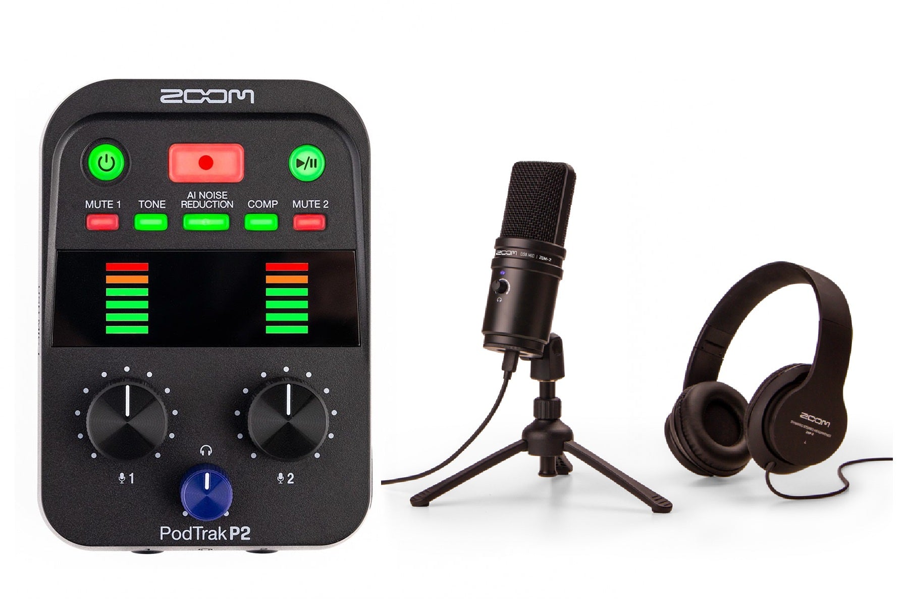P2 Mic Zoom PodTrak P2 Podcast Recorder + 2 sets ZUM-2 USB Podcast Mic Pack ...
