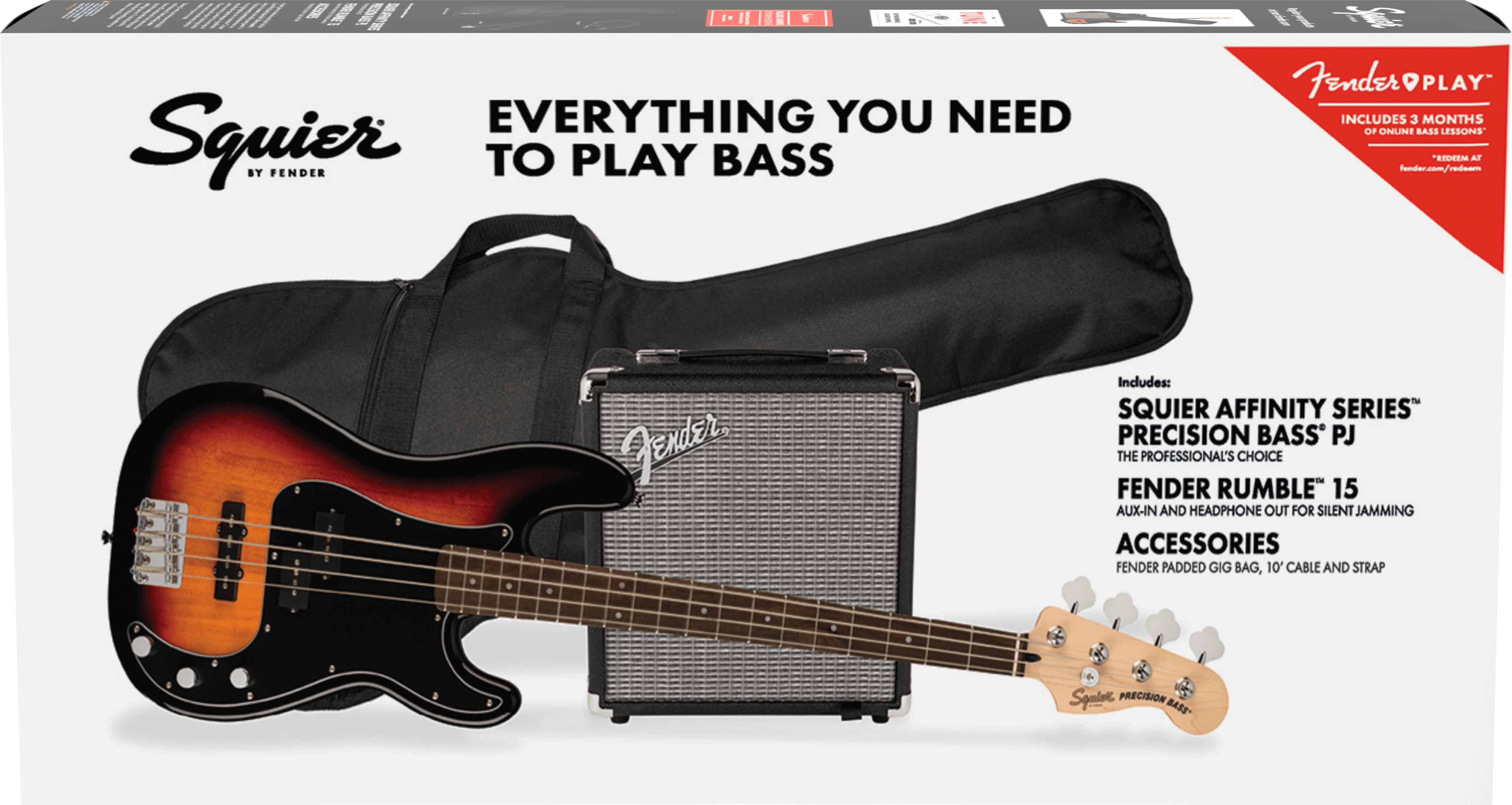 Squire Affinity Series™ Precision Bass® PJ Pack, Laurel Fingerboard, 3-Color Sunburst, Gig Bag, Rumble 15 - 230V UK