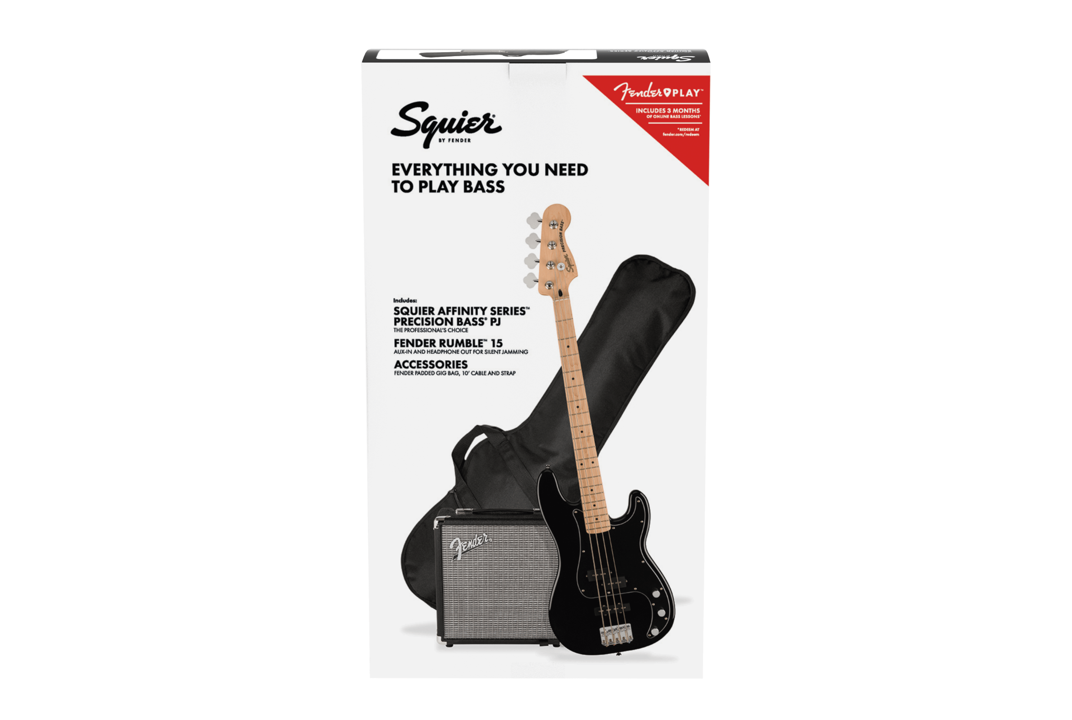 Squier Affinity Series™ Precision Bass® PJ Pack, Maple Fingerboard, Black, Gig Bag, Rumble 15 - 230V UK