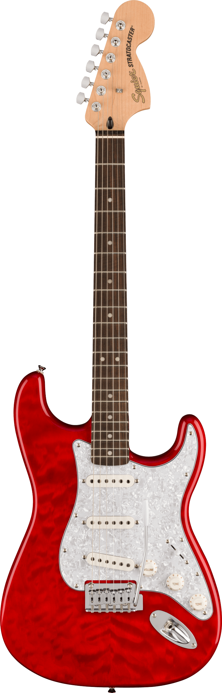 Squier FSR Affinity Series™ Stratocaster® QMT, Laurel Fingerboard, White Pearloid Pickguard, Crimson Red Transparent