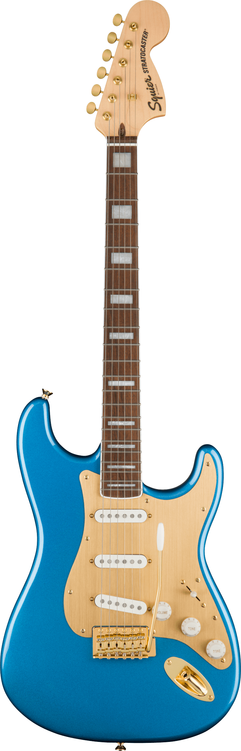 Squier 40th Anniversary Stratocaster®, Gold Edition, Laurel Fingerboard, Gold Anodized Pickguard, Lake Placid Blue