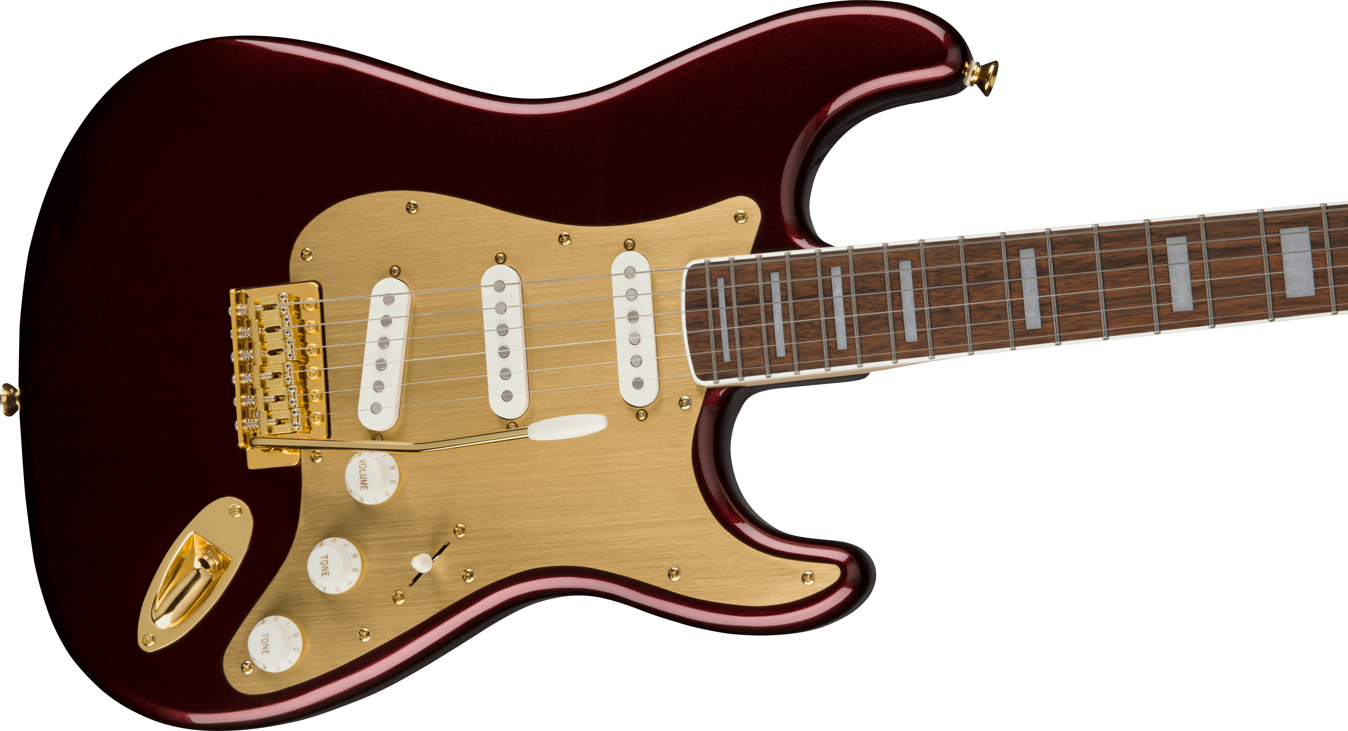 Squier 40th Anniversary Stratocaster®, Gold Edition, Laurel Fingerboard, Gold Anodized Pickguard, Ruby Red Metallic