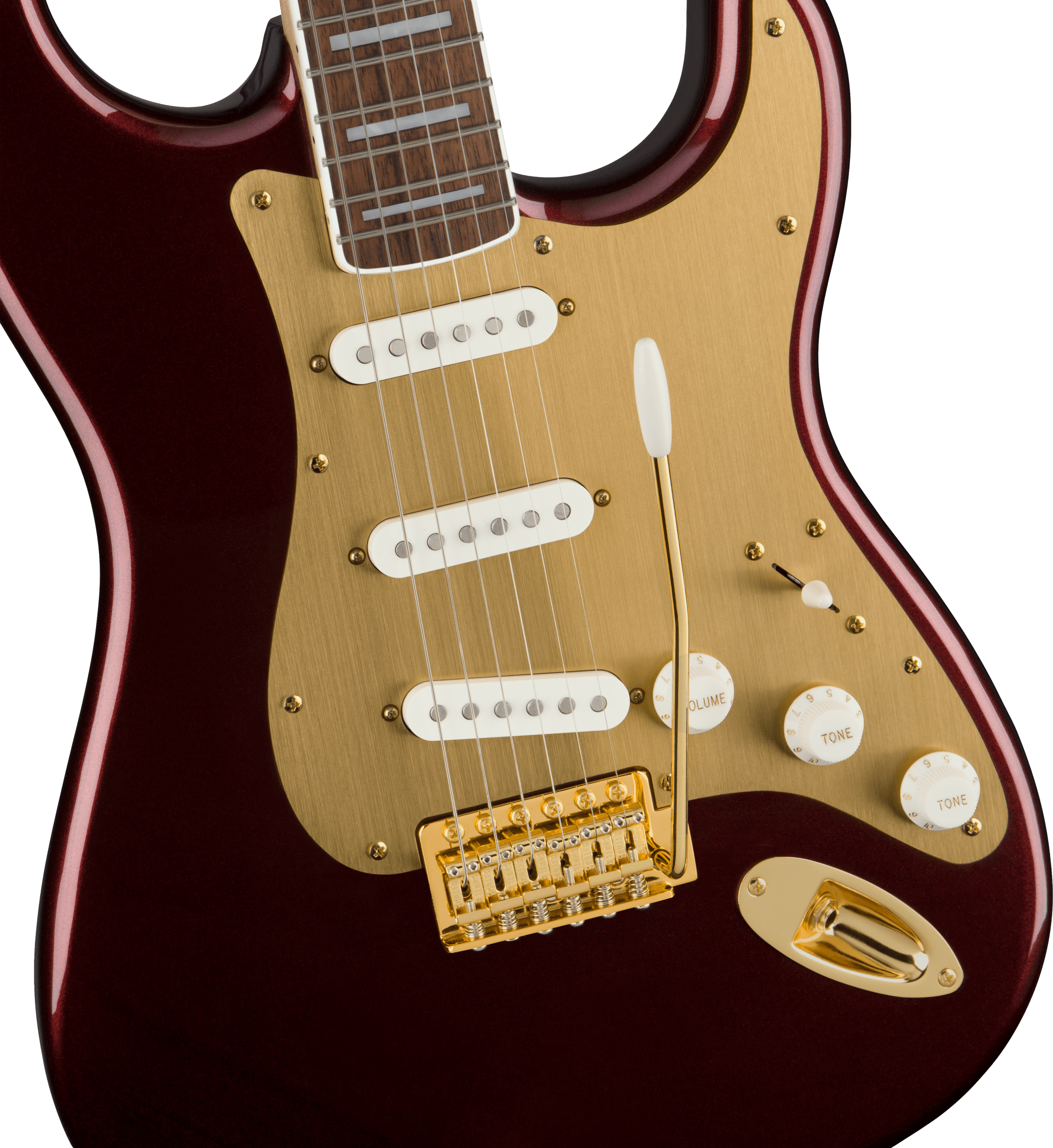Squier 40th Anniversary Stratocaster®, Gold Edition, Laurel Fingerboard, Gold Anodized Pickguard, Ruby Red Metallic