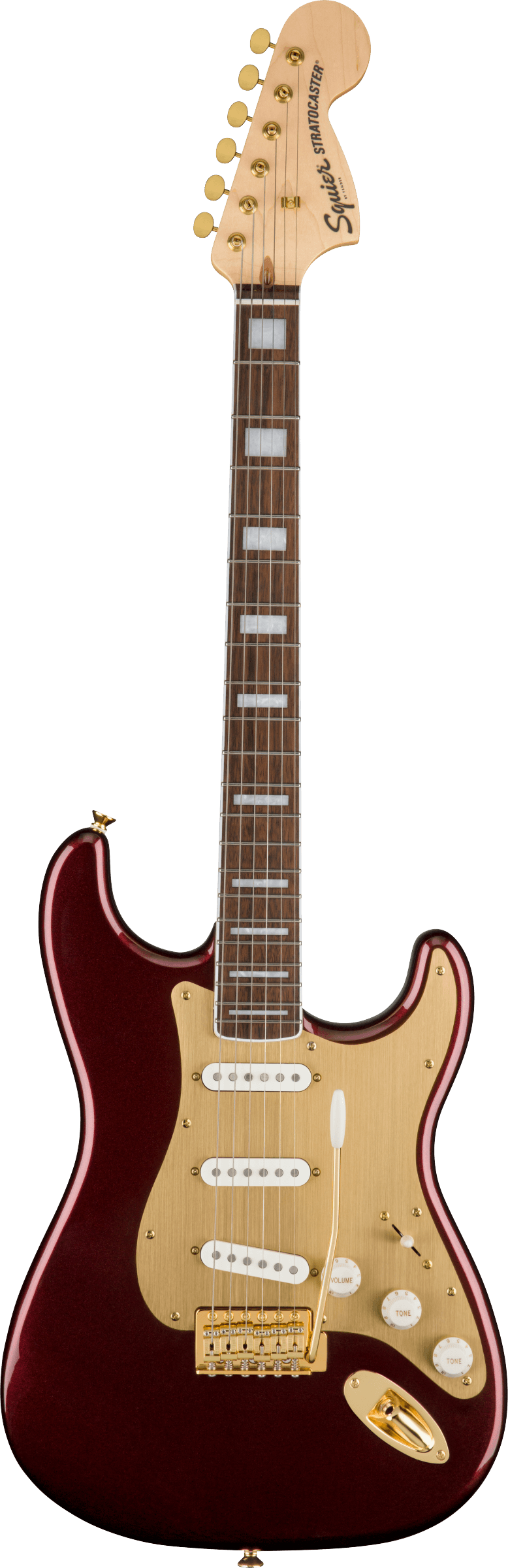 Squier 40th Anniversary Stratocaster®, Gold Edition, Laurel Fingerboard, Gold Anodized Pickguard, Ruby Red Metallic