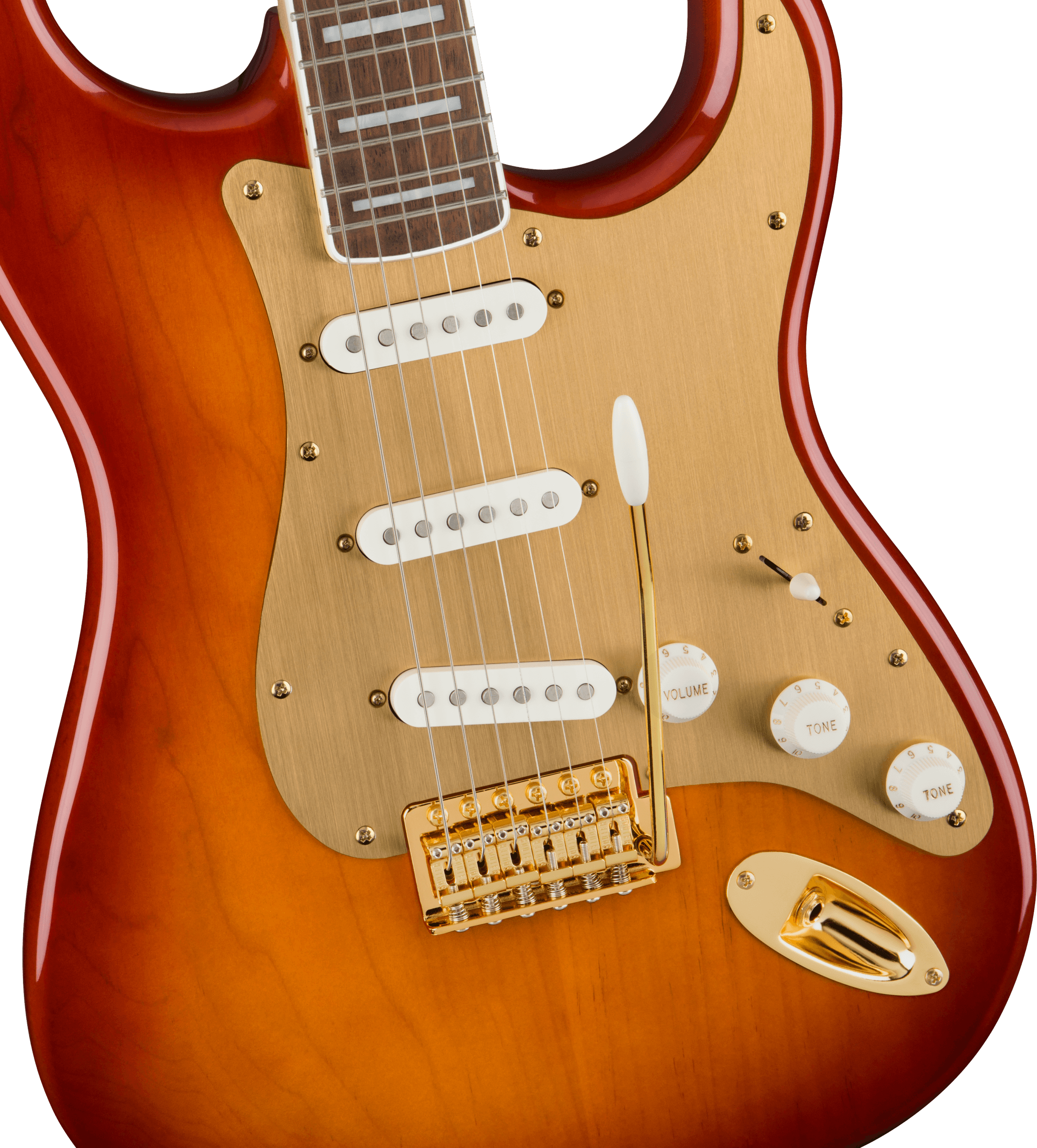 Squier 40th Anniversary Stratocaster®, Gold Edition, Laurel Fingerboard, Gold Anodized Pickguard, Sienna Sunburst