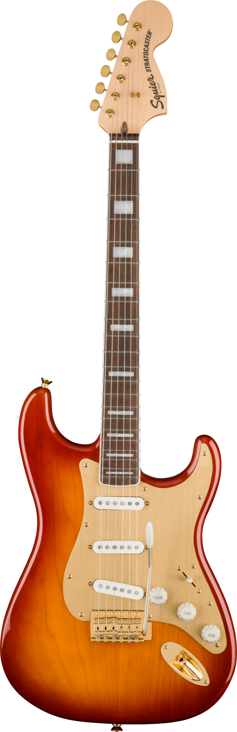Squier 40th Anniversary Stratocaster®, Gold Edition, Laurel Fingerboard, Gold Anodized Pickguard, Sienna Sunburst