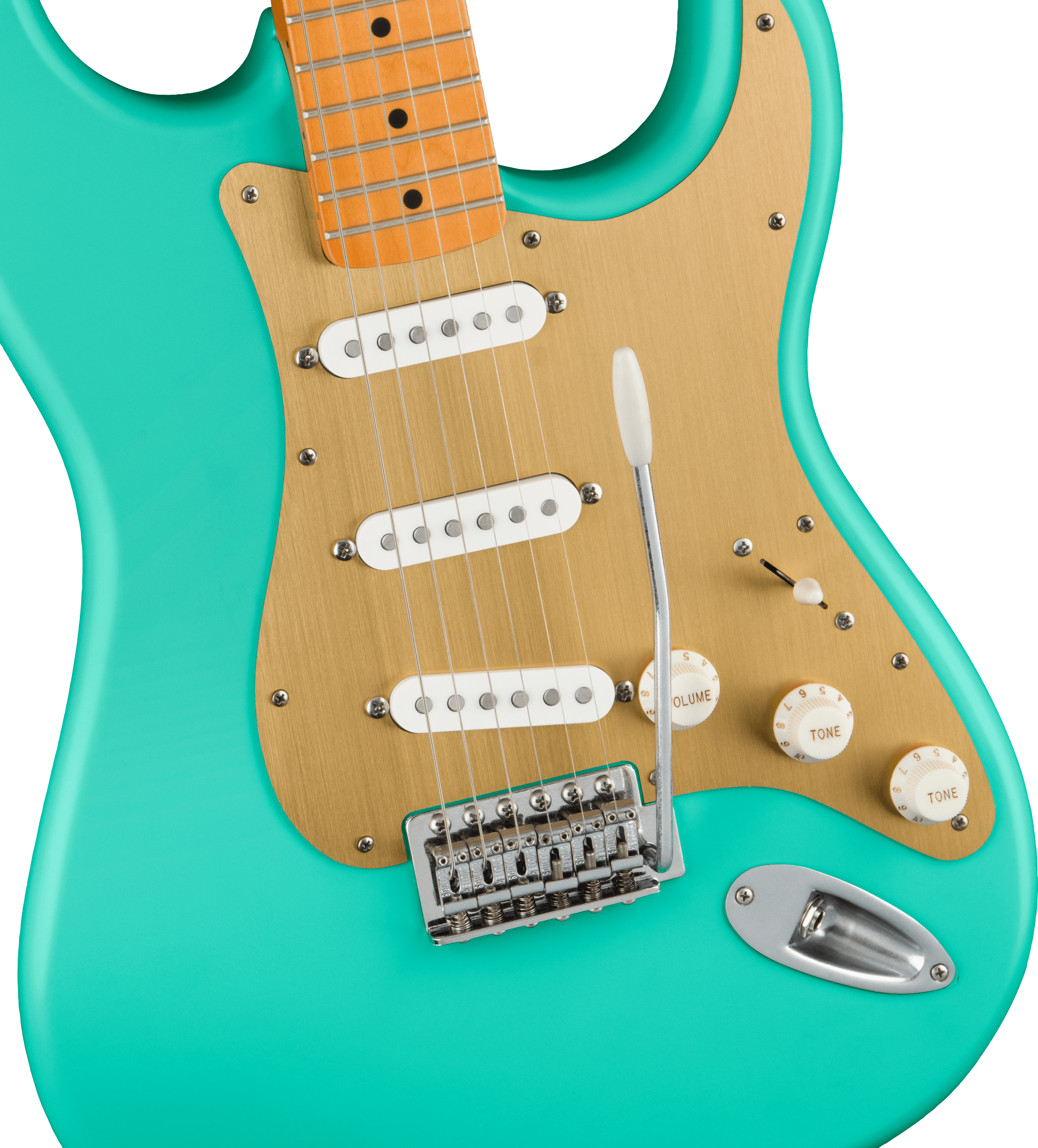 Squier 40th Anniversary Stratocaster®, Vintage Edition, Maple Fingerboard, Gold Anodized Pickguard, Satin Sea Foam Green