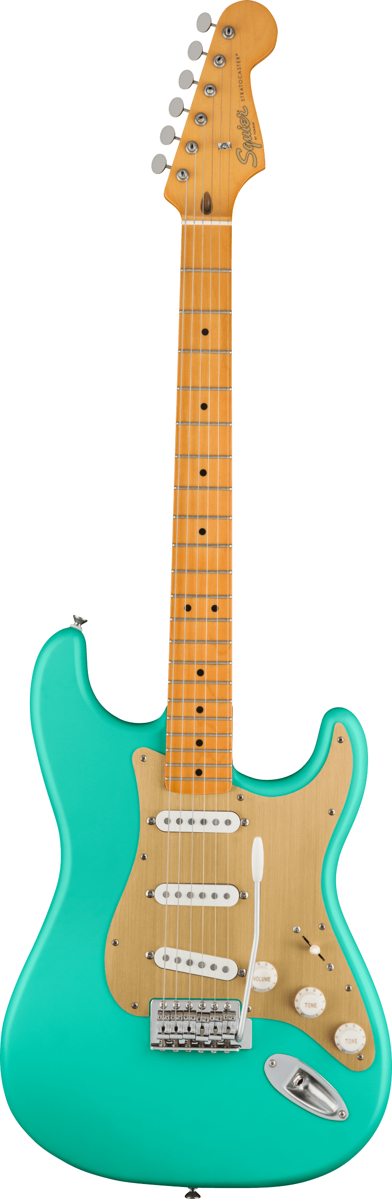 Squier 40th Anniversary Stratocaster®, Vintage Edition, Maple Fingerboard, Gold Anodized Pickguard, Satin Sea Foam Green