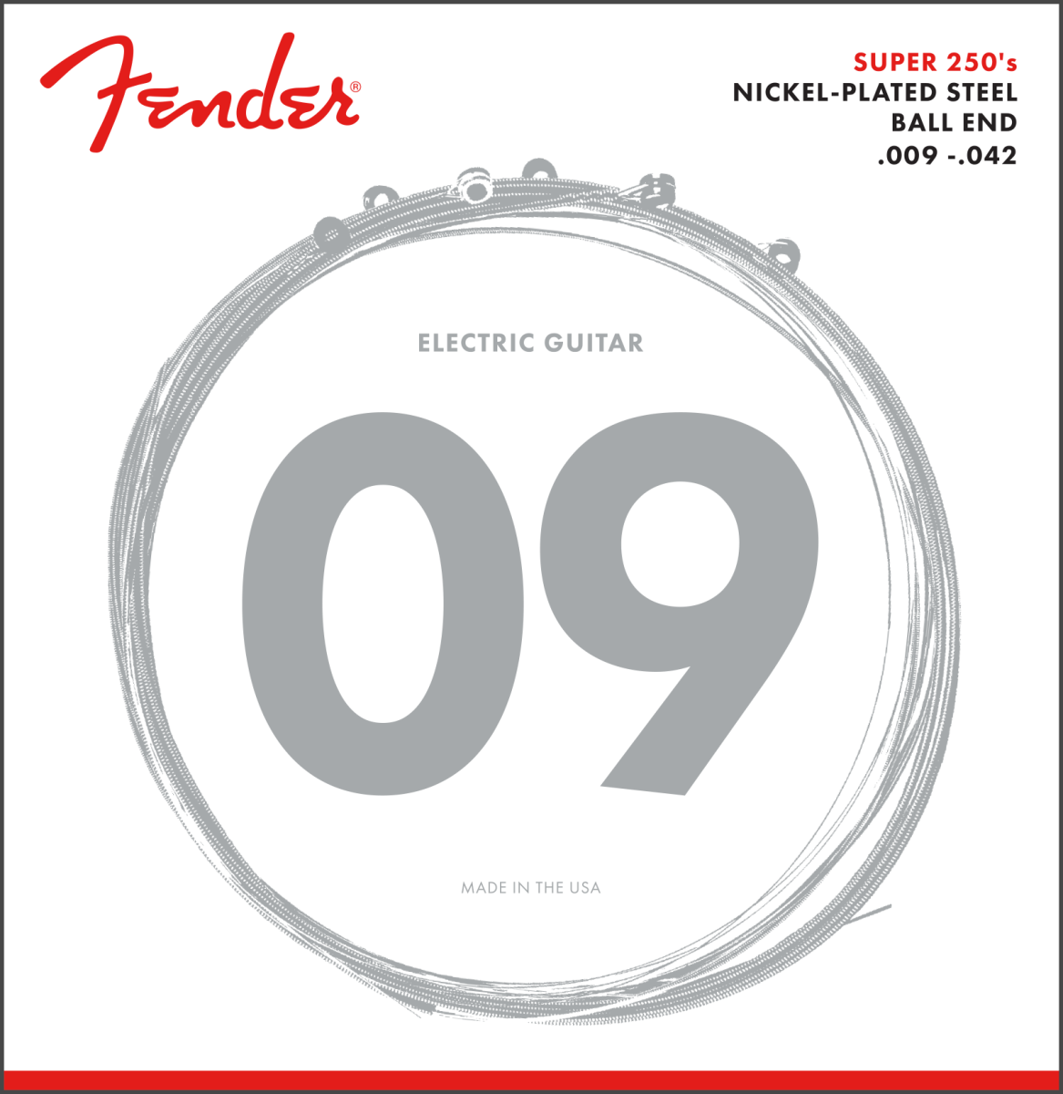 Fender Super 250 Guitar Strings, Nickel Plated Steel, Ball End, 250L Gauges .009-.042, (6)