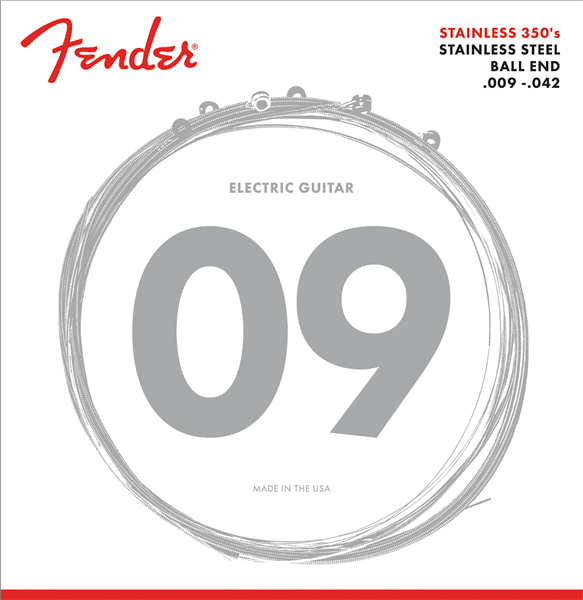 Fender Stainless 350's Guitar Strings, Stainless Steel, Ball End, 350L Gauges .009-.042, (6)