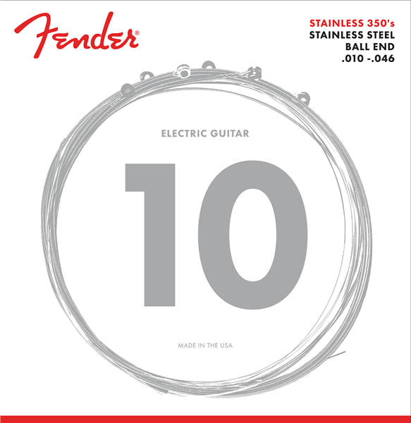 Fender Stainless 350's Guitar Strings, Stainless Steel, Ball End, 350R Gauges .010-.046, (6)