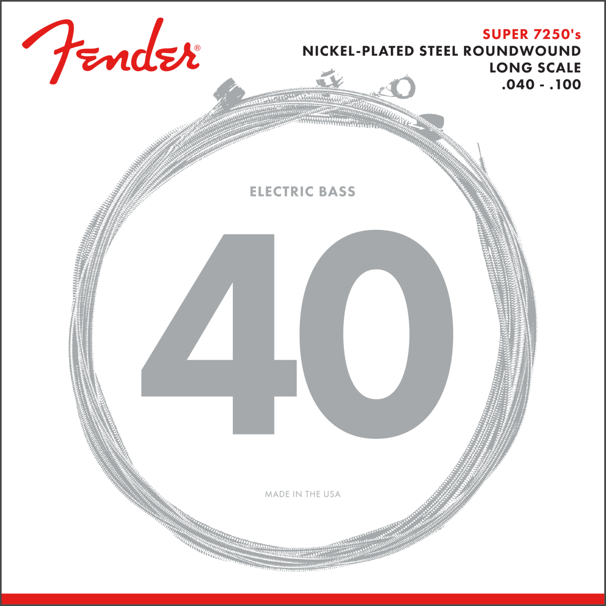 Fender 7250 Bass Strings, Nickel Plated Steel, Long Scale, 7250L .040-.100 Gauges, (4)