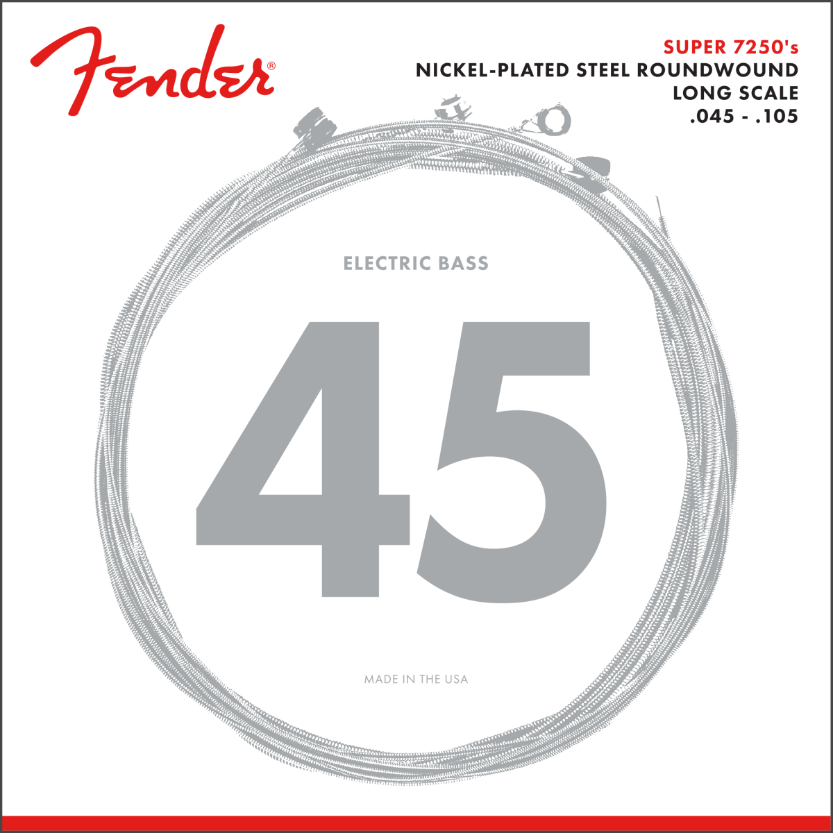 Fender 7250 Bass Strings, Nickel Plated Steel, Long Scale, 7250M .045-.105 Gauges, (4)