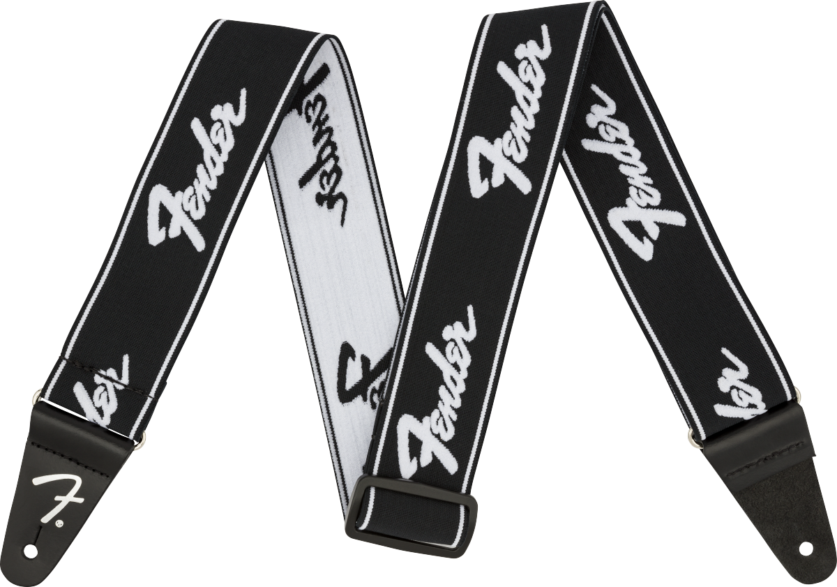 Fender WeighLess™ 2" Running Logo Strap, Black/White