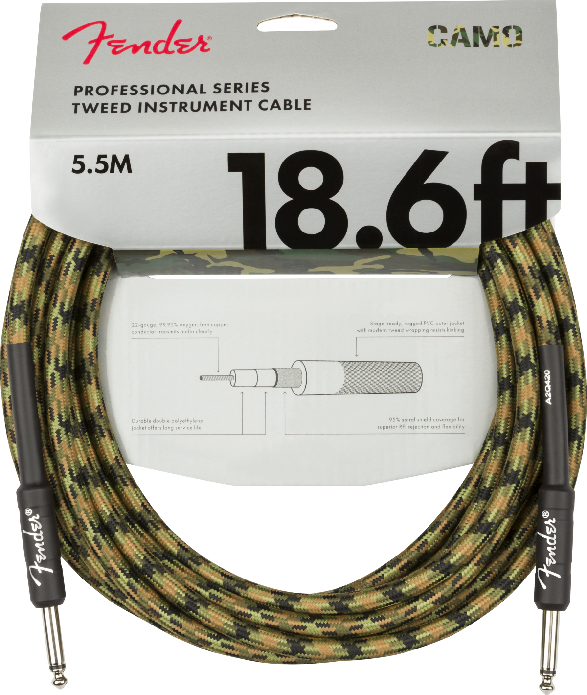 Fender Professional Series Instrument Cable, Straight/Straight, 18.6', Woodland Camo