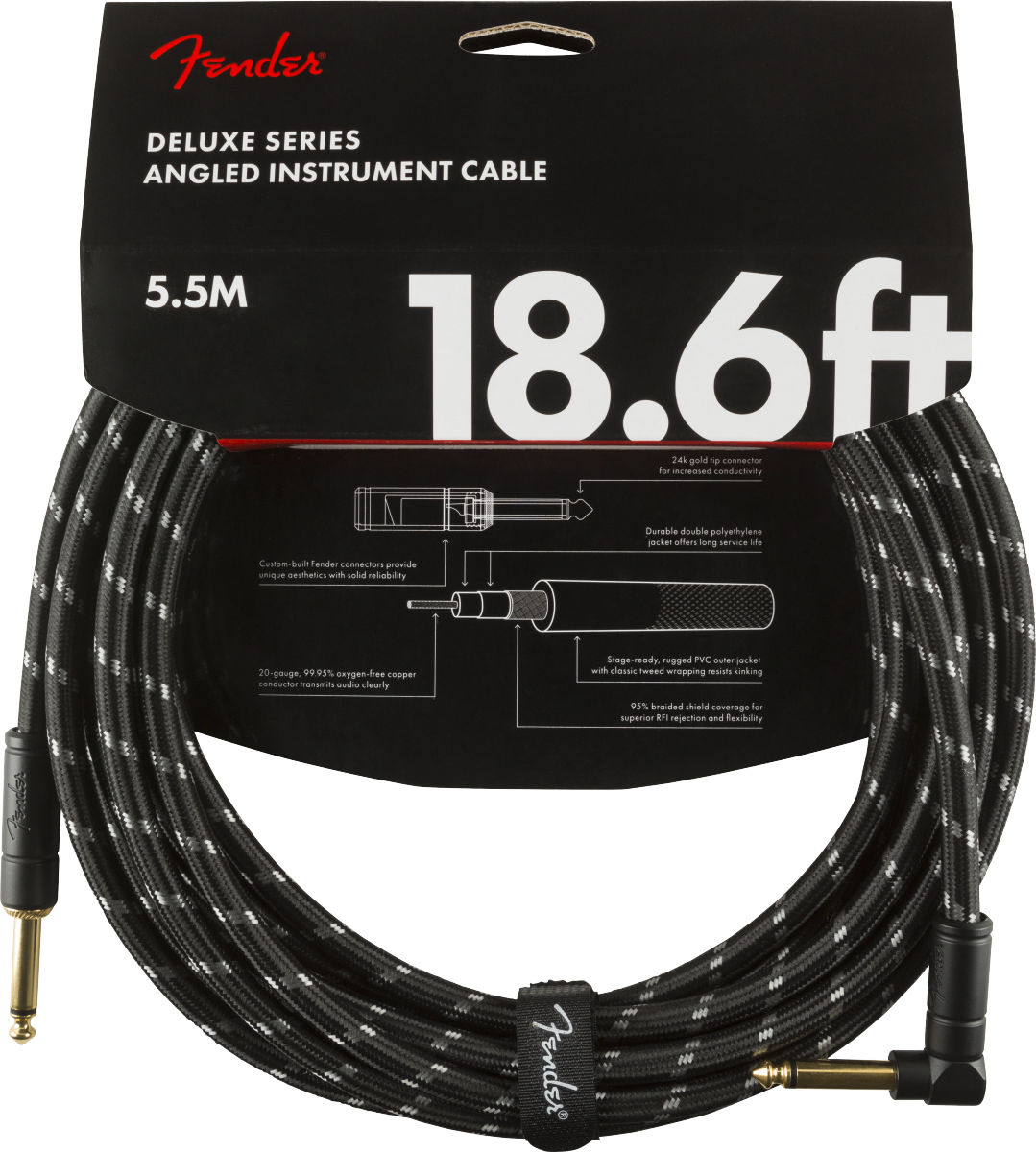FENDER Deluxe Series Instrument Cable, Straight-Angle, 18.6', Black Tweed (0990820079)