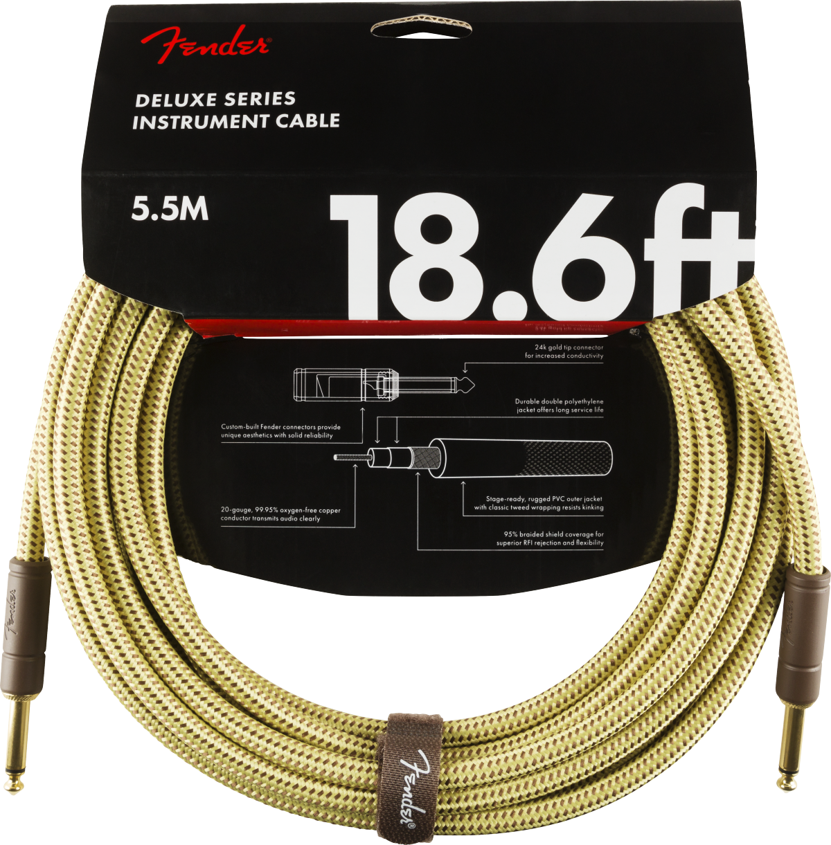 FENDER Deluxe Series Instrument Cable, Straight/Straight, 18.6', Tweed