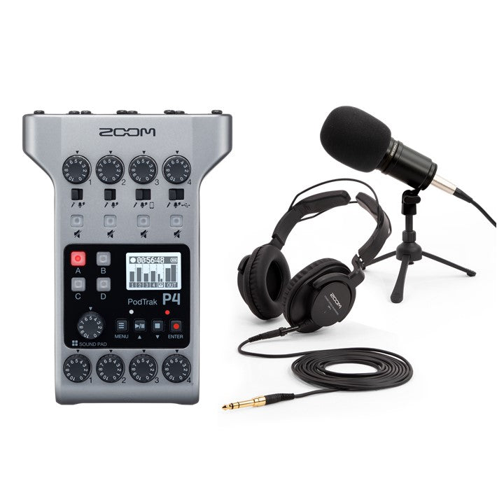 Zoom PodTrak P4 Podcast Recorder with Microphone and Headphones Pack