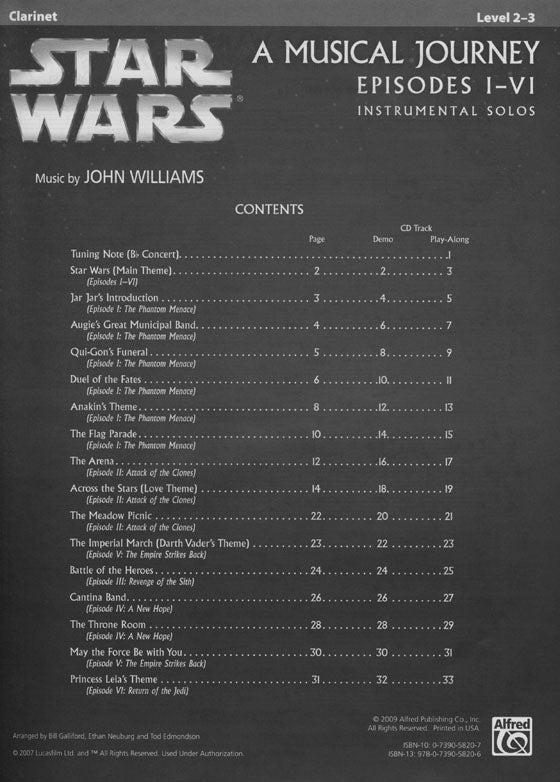 Star Wars : A Musical Journey Episodes Ⅰ-Ⅵ 【CD+樂譜】Instrumental Solos , Clarinet, Level 2-3