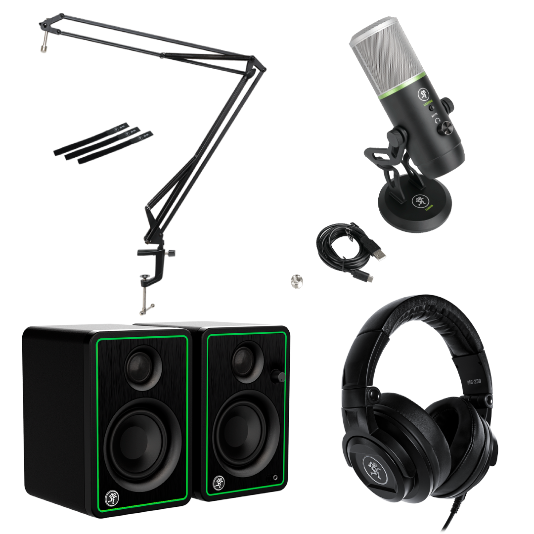 Mackie Carbon Premium USB Condenser Microphone + DB 100 Desktop Boom +  MC250 Professional Closed-Back Headphones + CR3-X 3" Multimedia Powered Monitor Pair