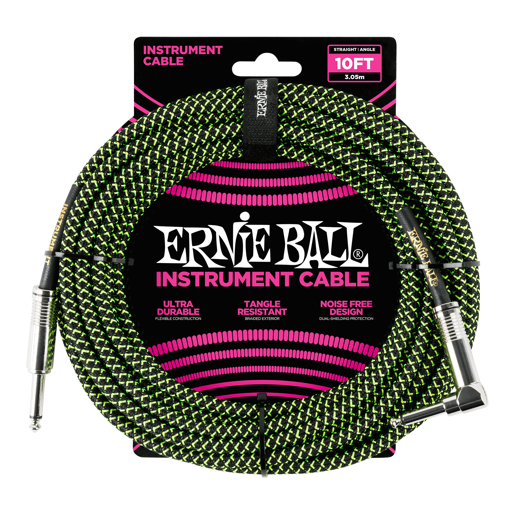 Ernie Ball 10' Braided Straight / Angle Instrument Cable - Black / Green