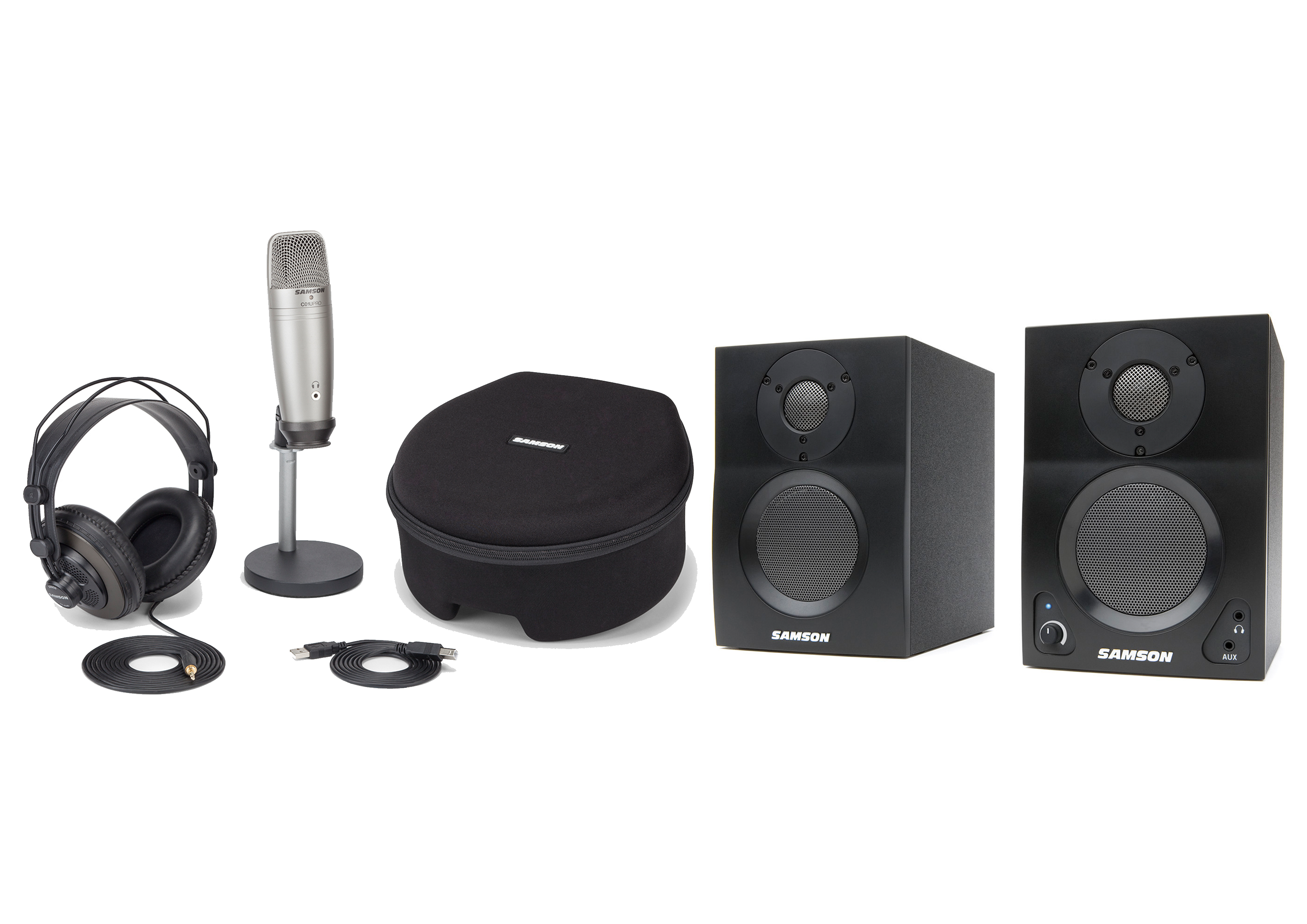Samson C01U Pro - USB Studio Condenser Microphone, Headphones & Samon MediaOne BT3 Monitor bundle
