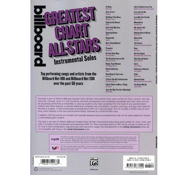 Billboard GREATEST CHART ALL-STARS (Clarinet) +CD 告示牌最佳巨星排行金曲選單簧管譜附伴奏CD