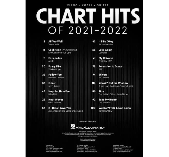 CHART HITS OF 2021-2022 (P/V/G) 2021-2022流行金曲選鋼琴譜