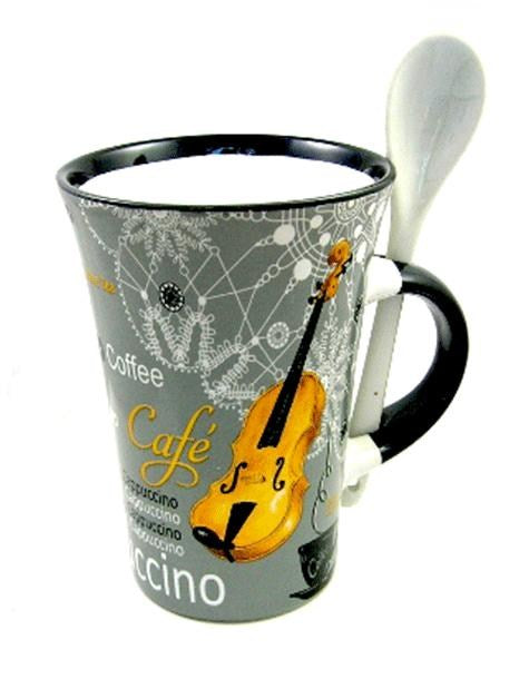 Cappuccino Mug With Spoon – Violin (Grey)